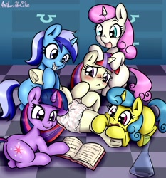 Size: 2550x2734 | Tagged: suggestive, artist:anibaruthecat, editor:datspaniard, twilight sparkle, blushing, book, braces, butt, canterlot six, cute, derpibooru exclusive, diaper, diaper edit, diaper fetish, edit, explicit source, female, females only, filly, filly lemon hearts, filly minuette, filly moondancer, filly twilight sparkle, filly twinkleshine, foal, foalcon, g4, high res, imported from derpibooru, lemon hearts, mare, minuette, moondancer, moondancer in diaper, moondiaper, non-baby in diaper, plot, pony, spread legs, twinkleshine, underhoof, unicorn, younger