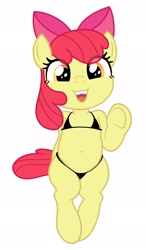 Size: 1799x3084 | Tagged: suggestive, artist:myra, apple bloom, :3, :d, belly, belly button, bikini, bipedal, black bikini, black swimsuit, bow, clothes, earth pony, female, filly, foal, foalcon, g4, hair bow, implied chestbreasts, imported from derpibooru, looking at you, micro bikini, open mouth, open smile, pink bow, pony, semi-anthro, simple background, smiling, solo, sticker design, swimsuit, upper teeth only, waving, waving at you, white background