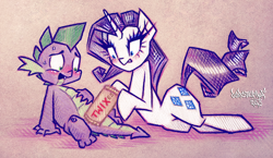 Size: 1288x748 | Tagged: suggestive, artist:dubstepina, rarity, spike, age difference, blushing, candy, censored, censored penis, dragon, duo, duo male and female, female, foalcon, g4, implied hemipenis, implied penis, imported from derpibooru, interspecies, licking, male, mare, pony, reacting to nudity, ship:sparity, shipping, straight, tongue out, twix, unicorn