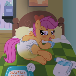 Size: 1500x1500 | Tagged: suggestive, artist:fillyscoots42, scootaloo, bed, bedroom eyes, blushing, cute, diaper, diaper fetish, diaper package, diaper usage, diapered, diapered filly, diaperloo, drool, female, filly, foal, foalcon, g4, imported from derpibooru, non-baby in diaper, pacifier, pissing, poofy diaper, silly filly diaper, soaked diaper, solo, solo female, sultry pose, urine, used diaper, using diaper, wet diaper