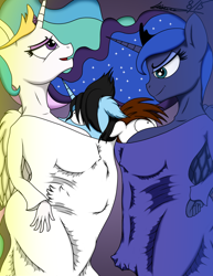 Size: 1024x1327 | Tagged: suggestive, artist:listartco, princess celestia, princess luna, oc, alicorn, anthro, bondage, boob smothering, bound together, breasts, canon x oc, clothes, colt, earth pony, erect nipples, female, foal, foalcon, g4, imported from derpibooru, looking up, male, mare, nipple outline, pipsqueak, shared clothing, ship:lunapip, shipping, straight, trapped in clothing, unicorn