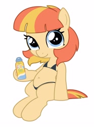 Size: 2422x3249 | Tagged: suggestive, artist:myra, oc, oc:aimless, belly, belly button, bikini, black bikini, black swimsuit, clothes, earth pony, female, filly, foal, foalcon, full body, hoof hold, implied chestbreasts, imported from derpibooru, looking at you, micro bikini, oc only, pony, simple background, sitting, smiling, solo, spray, sticker design, swimsuit, white background