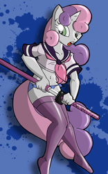 Size: 523x840 | Tagged: suggestive, artist:theburningdonut, sweetie belle, anthro, belly button, blue underwear, clothes, female, foalcon, g4, imported from derpibooru, katana, legwear, midriff, panties, schoolgirl, socks, solo, solo female, stockings, sword, thigh highs, underwear, weapon