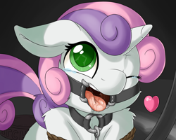Size: 2500x2000 | Tagged: suggestive, artist:fearingfun, sweetie belle, bdsm, bondage, collar, crying, dominant pov, drool, drool string, eye reflection, female, floating heart, floppy ears, fluffy, foalcon, g4, gag, heart, high res, horn, imported from derpibooru, leash, looking up, offscreen character, one eye closed, open mouth, pet bowl, pet play, pony, pov, reflection, ring gag, rope, rope bondage, solo, solo female, spider gag, tail, teary eyes, tongue out, unicorn