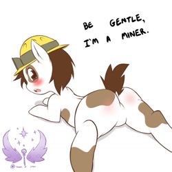Size: 1280x1280 | Tagged: suggestive, artist:cold-blooded-twilight, :o, bad pun, blushing, butt, butt blush, dock, featureless crotch, foalcon, g4, helmet, imported from derpibooru, looking at you, looking back, male, miner, mining helmet, pipsqueak, plot, prone, pun, solo, solo male