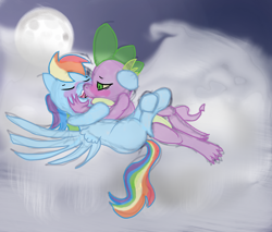 Size: 1500x1280 | Tagged: suggestive, artist:steadfast hoof, rainbow dash, spike, cuddling, dragon, female, foalcon, french kiss, g4, imported from derpibooru, kissing, male, mare, pegasus, pony, ship:rainbowspike, shipping, snuggling, spread wings, straight, wings
