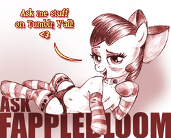 Size: 1896x1522 | Tagged: suggestive, artist:jaxonian, apple bloom, ask fapplebloom, bedroom eyes, belly button, belts, blushing, candy, clothes, dead source, dock, drool, earth pony, female, foalcon, frilly underwear, g4, imported from derpibooru, legwear, lollipop, panties, pony, prostitution, socks, solo, solo female, stockings, striped socks, thigh highs, underwear