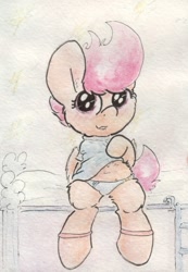Size: 686x991 | Tagged: suggestive, artist:slightlyshade, scootaloo, blushing, clothes, female, filly, foal, foalcon, g4, hooves, imported from derpibooru, panties, pegasus, pony, presenting, solo, traditional art, underwear, wings