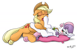 Size: 1419x915 | Tagged: suggestive, artist:almar, applejack, sweetie belle, age difference, apple juice, applejack's hat, bedroom eyes, blushing, cowboy hat, drinking, drool, earth pony, eyes closed, female, filly, floppy ears, fluffy, foal, foalcon, foaldom, g4, hat, hoof fetish, hoof licking, hoof massage, hoof worship, imported from derpibooru, juice box, lesbian, licking, mare, mare on filly, massage, my little pony: friendship is magic, nose wrinkle, on back, open mouth, pillow, pony, prone, scene interpretation, ship:sweetiejack, smiling, somepony to watch over me, stetson, sweetiedom, tongue out, unicorn