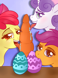 Size: 1330x1800 | Tagged: suggestive, artist:jaxonian, artist:scobionicle99, apple bloom, scootaloo, sweetie belle, ask fapplebloom, bust, carrot, cutie mark crusaders, earth pony, easter, easter egg, female, foalcon, g4, implied blowjob, implied foalcon, implied oral, implied penis, implied sex, imported from derpibooru, licking, pony, tongue out