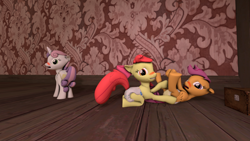 Size: 1280x720 | Tagged: suggestive, artist:pornmlp, apple bloom, scootaloo, sweetie belle, 3d, blushing, cutie mark crusaders, diaper, diaper belle, diaper fetish, diaperbloom, diaperloo, earth pony, female, foalcon, g4, horn, imported from derpibooru, non-baby in diaper, pegasus, pony, source filmmaker, unicorn, wet diaper