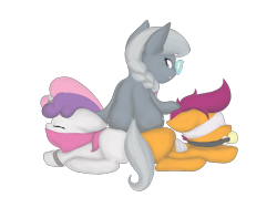 Size: 3200x2400 | Tagged: suggestive, artist:vulapa, scootaloo, silver spoon, sweetie belle, ballgag, blindfold, bondage, bound wings, cloth gag, cuffs, earth pony, eyes closed, female, females only, filly, foal, foalcon, g4, gag, glasses, high res, horn, horn ring, implied tribadism, imported from derpibooru, looking back, magic suppression, pegasus, pony, simple background, sitting on person, sitting on pony, transparent background, trio, trio female, unicorn