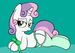 Size: 1024x717 | Tagged: suggestive, artist:an-tonio, sweetie belle, bedroom eyes, clothes, female, filly, foal, foalcon, g4, garter belt, green underwear, horn, imported from derpibooru, legwear, panties, pony, ribbon, solo, solo female, stockings, stupid sexy sweetie belle, thigh highs, underwear, unicorn