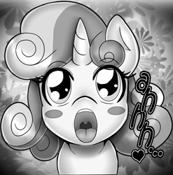 Size: 820x830 | Tagged: suggestive, artist:anibaruthecat, sweetie belle, comic:cutiemark check-up, blushing, cropped, cute, dialogue, diasweetes, female, filly, foal, foalcon, g4, heart, imported from derpibooru, looking at you, monochrome, open mouth, pony, solo, unicorn