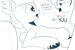 Size: 2400x1600 | Tagged: suggestive, artist:cosmonaut, cloudchaser, colt, female, foal, foalcon, g4, imported from derpibooru, male, mare, monochrome, pegasus, pomf, pony, rumble, ship:rumblechaser, shipping, straight, straight shota