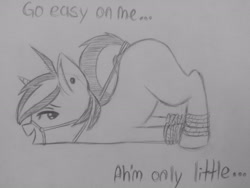 Size: 2592x1944 | Tagged: suggestive, artist:subimaru_kai, oc, oc:snowy, bondage, colt, cute, earring, foal, foalcon, imported from derpibooru, male, monochrome, oc only, piercing, pony, solo, solo male, tail holder, traditional art, unicorn