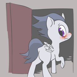 Size: 1200x1195 | Tagged: safe, artist:arkiiwarki, ask trap-rumble, blushing, butt, colt, door, doorway, feathered wings, foal, foalcon, g4, imported from derpibooru, looking back, male, no eyelashes, one leg raised, plot, raised hoof, rumble, solo, trap, wings
