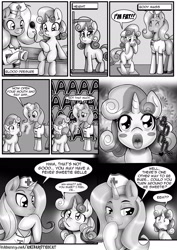 Size: 1860x2622 | Tagged: suggestive, artist:anibaruthecat, sweetie belle, oc, oc:cobalt, comic:cutiemark check-up, blank flank, canon x oc, comic, femboy, foalcon, g4, horn, imported from derpibooru, male, maw, monochrome, nurse outfit, pony, sweetie derelle, this will end in jail time, unicorn