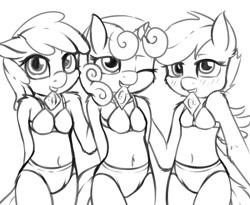 Size: 1636x1344 | Tagged: suggestive, artist:fearingfun, apple bloom, scootaloo, sweetie belle, adorabloom, anthro, belly button, bra, breasts, clothes, condom, condom in mouth, cute, cutealoo, cutie mark crusaders, diasweetes, earth pony, female, females only, filly, foal, foalcon, g4, imported from derpibooru, inviting, inviting you, looking at you, monochrome, mouth hold, panties, underwear, young