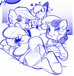 Size: 1006x1032 | Tagged: suggestive, artist:0r0ch1, apple bloom, scootaloo, sweetie belle, oc, oc:flan pone, angry, bedroom eyes, cat bell, clothes, cutie mark crusaders, earth pony, female, filly, foal, foalcon, g4, heart, imported from derpibooru, legwear, monochrome, panties, pegasus, pony, socks, thigh highs, underwear, unicorn, wink
