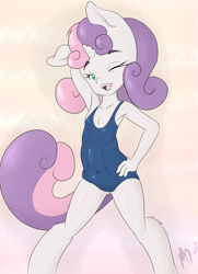 Size: 2530x3498 | Tagged: suggestive, artist:mdgusty, sweetie belle, anthro, armpits, breasts, clothes, delicious flat chest, explicit source, female, foalcon, g4, high res, imported from derpibooru, one-piece swimsuit, solo, solo female, sukumizu, swimsuit