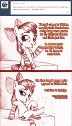 Size: 792x1382 | Tagged: suggestive, artist:jaxonian, apple bloom, 2 panel comic, ask fapplebloom, bed, bedroom eyes, clothes, comic, earth pony, fapplebloom, female, filly, foal, foalcon, g4, hoof fetish, imported from derpibooru, monochrome, pony, seductive, socks, steam, striped socks, tumblr