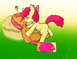 Size: 1280x989 | Tagged: suggestive, artist:cold-blooded-twilight, artist:teraspell, apple bloom, babs seed, applecest, blushing, cousins, derpibooru exclusive, duo, earth pony, edit, female, filly, foal, foalcon, french kiss, g4, hay, imported from derpibooru, kiss on the lips, kissing, lesbian, pony, ship:appleseed, shipping, sloppy kissing, tongue out