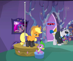 Size: 1290x1080 | Tagged: suggestive, artist:dasprid, artist:franpaz, artist:nsaiuvqart, applejack, spike, age difference, bedroom eyes, disco ball, dj pon-3, dragon, earth pony, edit, edited screencap, female, fireproof boots, foalcon, g4, horn, hundreds of users filter this tag, imported from derpibooru, lockdown, love, male, pole, pole dancing, pony, screencap, security guard, ship:applespike, shipping, show accurate, spike's room, straight, strip club, sultry pose, turntable, unicorn, vector edit, vinyl scratch, wingless spike