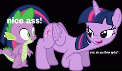 Size: 2616x1528 | Tagged: suggestive, spike, twilight sparkle, age difference, alicorn, castle sweet castle, cutie mark, dragon, edit, eyes on the prize, female, foalcon, g4, imported from derpibooru, looking at butt, male, mare, my little pony: friendship is magic, pony, pseudoincest, season 5, ship:twispike, shipping, smiling, straight, twilight is a foal fiddler, wingless spike