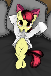 Size: 600x900 | Tagged: suggestive, artist:rainbow, artist:raindroppony, apple bloom, bed, belly, belly button, clothes, cute, earth pony, edit, featureless crotch, female, filly, foal, foalcon, g4, imminent belly rub, imported from derpibooru, looking at you, on back, pillow, pony, shirt, shirt in mouth, shirt lift, solo, solo female, undressing