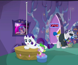 Size: 1290x1080 | Tagged: suggestive, artist:dasprid, artist:franpaz, artist:nsaiuvqart, artist:sir-teutonic-knight, rarity, spike, age difference, bedroom eyes, crossed legs, disco ball, dj pon-3, dragon, earth pony, edit, edited screencap, eyes on the prize, female, foalcon, g4, headlock, hundreds of users filter this tag, imported from derpibooru, lockdown, looking at butt, love, male, mare, pole, pole dancing, pony, screencap, security guard, ship:sparity, shipping, show accurate, show accurate porn, spike's room, stallion, straight, strip club, sultry pose, turntable, unicorn, vector edit, vinyl scratch, wingless spike