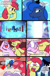 Size: 791x1200 | Tagged: suggestive, artist:caluriri, apple bloom, diamond tiara, princess luna, alicorn, bloom & gloom, blushing, comic, dream doors, dream walker luna, earth pony, female, filly, foal, foalcon, g4, heart, imported from derpibooru, kissing, lesbian, my little pony: friendship is magic, pony, ship:diamondbloom, shipping, wingboner