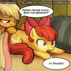 Size: 750x750 | Tagged: suggestive, artist:lumineko, apple bloom, applejack, alternate cutie mark, apple sisters, applecest, bed, bedroom eyes, bloom & gloom, bow, breakfast in bed, butt touch, cutie mark, dialogue, drool, earth pony, eyes on the prize, female, filly, foal, foalcon, g4, hair bow, hoof on butt, i'm pancake, imminent cunnilingus, imminent incest, imminent oral, imminent sex, implied foalcon, imported from derpibooru, incest, lesbian, licking lips, looking at butt, mare, my little pony: friendship is magic, open mouth, pancakes, pony, prone, scene parody, ship:bloomjack, shipping, siblings, sisters, smiling, that was fast, tongue out, wake up sex, wide eyes