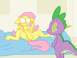 Size: 800x600 | Tagged: suggestive, artist:weaver, fluttershy, spike, alternate version, bed, blushing, covering, covering crotch, dragon, duo, duo male and female, embarrassed, embarrassed nude exposure, female, floppy ears, foalcon, g4, imported from derpibooru, indoors, male, mare, nudity, on bed, pegasus, pony, sweat, wide eyes, wingless spike