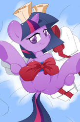 Size: 868x1323 | Tagged: suggestive, artist:moron, twilight sparkle, bed, featureless crotch, female, filly, foal, foalcon, g4, horn, imported from derpibooru, looking at you, lying, on back, pony, present, presenting, solo, solo female, unicorn