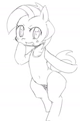 Size: 1024x1544 | Tagged: suggestive, artist:moka, babs seed, clothes, female, filly, foal, foalcon, g4, grayscale, imported from derpibooru, monochrome, one-piece swimsuit, swimsuit