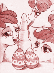 Size: 700x944 | Tagged: suggestive, artist:jaxonian, apple bloom, scootaloo, sweetie belle, ask fapplebloom, ask fapplebloom 3, bust, carrot, cutie mark crusaders, drool, earth pony, easter, easter egg, egg, female, foalcon, funny porn, g4, implied blowjob, implied oral, implied sex, imported from derpibooru, licking, monochrome, not porn, pony, pun, traditional art, visual pun