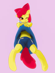 Size: 1200x1600 | Tagged: suggestive, artist:zigrock, apple bloom, anthro, apple bloomers, belly button, clothes, earth pony, female, foalcon, g4, imported from derpibooru, midriff, pixiv, shirt lift, simple background, solo, solo female, wink