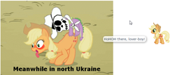 Size: 744x322 | Tagged: suggestive, applejack, spike, age difference, blushing, desktop ponies, dragon, dragons riding ponies, duo, duo male and female, earth pony, fall weather friends, female, foalcon, g4, implied foalcon, imported from derpibooru, male, meta, my little pony: friendship is magic, pony, riding, riding a pony, season 1, ship:applespike, shipping, spike riding applejack, sprite, straight, tongue out, true capitalist radio, wingless spike
