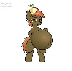 Size: 1256x1240 | Tagged: suggestive, artist:bun_burst, button mash, belly, belly button, colt, commission, earth pony, foal, foalcon, g4, imported from derpibooru, male, male pregnancy, outie belly button, pony, pregnant, semi-anthro, simple background, solo, white background