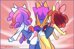 Size: 1800x1200 | Tagged: suggestive, artist:drantyno, apple bloom, scootaloo, sweetie belle, anthro, ass, bow, butt, butt bump, butt to butt, butt touch, clothes, cutie mark crusaders, denim, denim dress, dress, earth pony, female, foalcon, frilly underwear, g4, hair bow, imported from derpibooru, panties, pegasus, pink underwear, skirt, underwear, unicorn, upskirt, white underwear