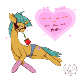 Size: 400x400 | Tagged: suggestive, artist:cold-blooded-twilight, clothes, colt, foal, foalcon, g4, imported from derpibooru, male, mouth hold, rose, shorts, snails, solo, solo male, valentine