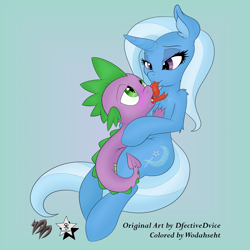 Size: 4000x4000 | Tagged: suggestive, artist:dfectivedvice, artist:wodahseht, spike, age difference, bedroom eyes, blushing, colored, dragon, drool, duo, duo male and female, female, foalcon, g4, imported from derpibooru, kissing, male, mare, pony, ship:spixie, shipping, sloppy kissing, trixie, unicorn, wingless spike