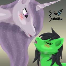 Size: 1000x1000 | Tagged: suggestive, artist:silkiesmoothie, princess celestia, oc, oc:filly anon, alicorn, black mane, blush lines, blushing, breath, derpibooru exclusive, drool, drool string, earth pony, ethereal mane, eyes closed, female, filly, foal, foalcon, g4, gradient background, green fur, implied kissing, imported from derpibooru, kissing, lineless, magenta eyes, mare, pink mane, princess molestia, signature, starry mane, white fur
