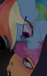 Size: 899x1463 | Tagged: suggestive, rainbow dash, scootaloo, fanfic:rainbow factory, 2025, absentia, abstract background, age difference, anonymous artist, bags under eyes, blushing, derpibooru exclusive, drool, duo, duo female, eye clipping through hair, eyebrows, eyebrows visible through hair, fanfic art, female, filly, floppy ears, foal, foalcon, g4, imported from derpibooru, lesbian, lidded eyes, looking at someone, looking pleasured, mare, mare on filly, open mouth, pegasus, pony, rainbow factory dash, sex, ship:scootadash, shipping, smiling, smirk, tongue out