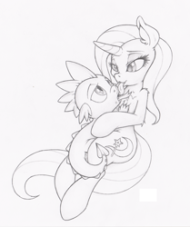 Size: 837x1000 | Tagged: suggestive, artist:dfectivedvice, spike, bedroom eyes, commission, cuddling, dragon, drool, eye contact, female, fluffy, foalcon, g4, grayscale, hug, imported from derpibooru, kissing, licking, male, mare, monochrome, open mouth, pony, ship:spixie, shipping, sketch, sloppy kissing, smiling, snuggling, straight, tongue out, trixie, unicorn