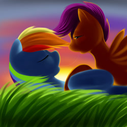 Size: 1280x1280 | Tagged: suggestive, artist:kloudmutt, rainbow dash, scootaloo, drool, drool string, female, foalcon, g4, grass, imported from derpibooru, kissing, lesbian, mare, mare on filly, pegasus, pony, ship:scootadash, shipping