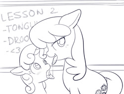 Size: 968x733 | Tagged: suggestive, artist:mcsadat, sweetie belle, after kiss, age difference, bedroom eyes, blushing, cheerilee, drool, drool string, duo, earth pony, female, filly, floppy ears, foal, foalcon, g4, imported from derpibooru, kissing, lesbian, looking at you, mare, mare on filly, monochrome, open mouth, pony, ship:cheeribelle, simple background, sloppy kissing, smiling, teacher and student, this will end in jail time, tongue out, unicorn, white background, wide eyes