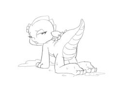 Size: 910x671 | Tagged: suggestive, artist:carnifex, spike, all fours, barb, butt, cloaca, dragon, dragoness, female, foalcon, g4, imported from derpibooru, lineart, monochrome, rule 63, simplistic cloaca, solo, solo female, sweat