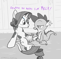 Size: 1400x1355 | Tagged: suggestive, artist:frosty_hornier, rarity, spike, age difference, barn, cow, cow pony, cowprint, dragon, duo, duo male and female, emanata, female, foalcon, forked tongue, g4, horn, hucow, imported from derpibooru, indoors, kinktober, kinktober 2025, kneeling, lactation, lidded eyes, looking at someone, male, milk, milk squirt, milking, monochrome, nipple pinch, nudity, open mouth, raricow, ship:sparity, shipping, show accurate, show accurate porn, sitting, sketch, sparicow, species swap, straight, tail, tail aside, udder, unicorn, wingless spike